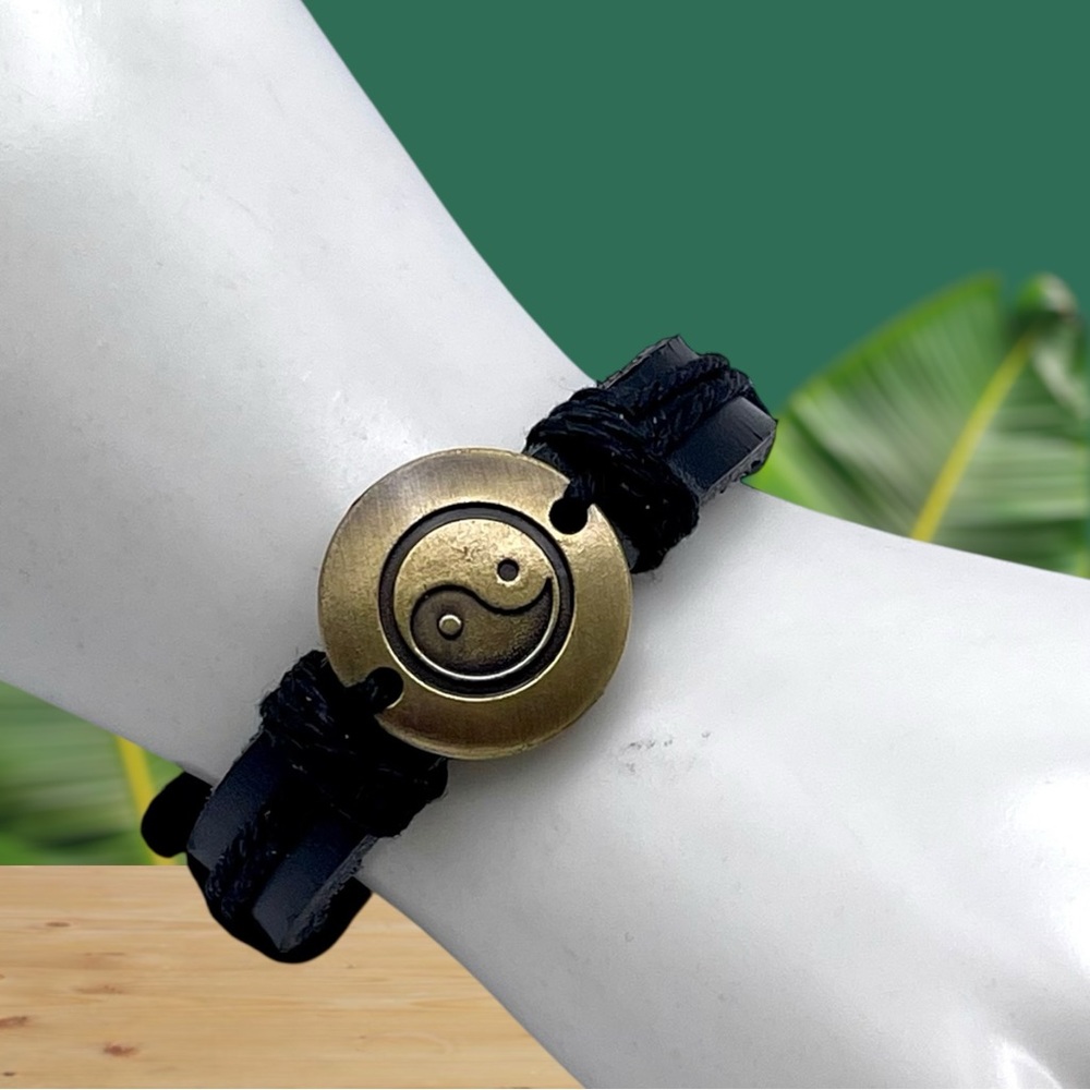 Unisex Handcrafted Black Leather Adjustable Cord Bracelet With Brass Yin Yang